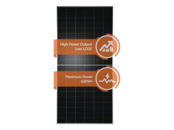 TW Solar 620‑Watt N‑type Monocrystalline Half‑cell Bifacial Solar Panel 66HD620; Voc 48.30 V, Vmp 41.55 V, Imp 14.93 A, Isc 15.95 A, 23.0 % Efficiency